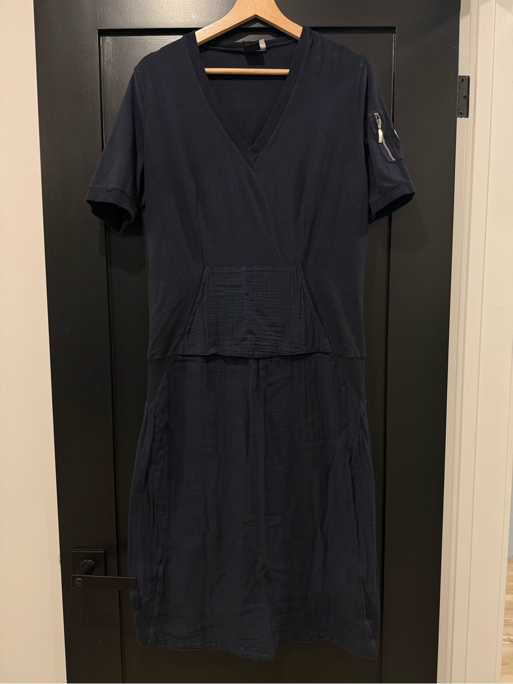 European Culture Navy V-Neck Midi Dress with Pocket Detail